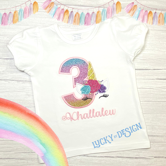 Birthday Shirt: Glitter & Holographic Unicorn Roses Face (Personalize it with a name & age)