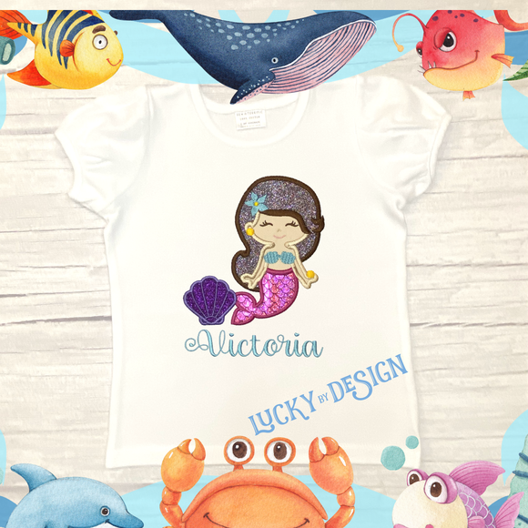 Shirt: Glitter & Holographic Mermaid Tail with Seashell (Personalize it with a name)