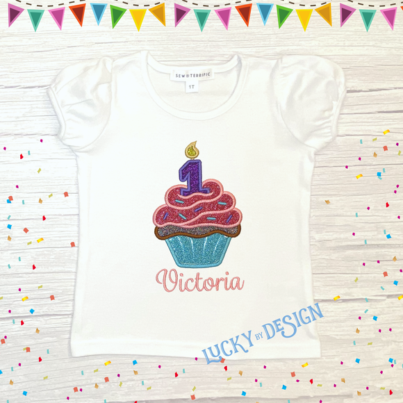 Birthday Shirt: Glitter Cupcake (Personalize it with a name & age)